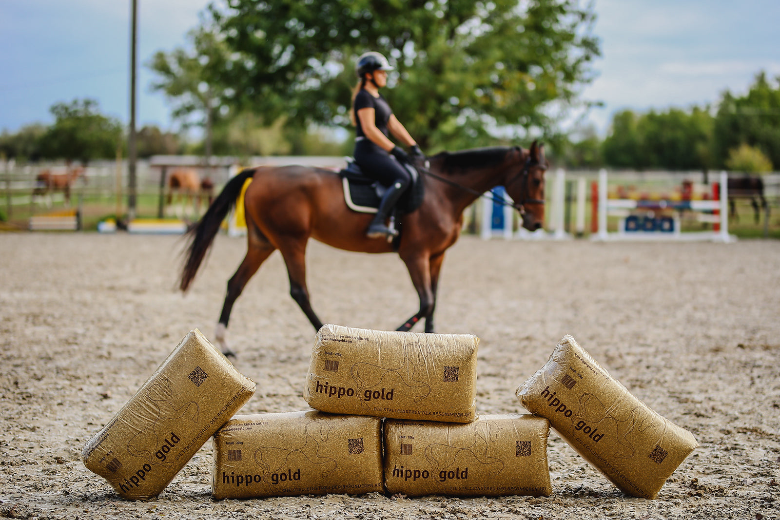 Hippo Gold Pferdeeinstreu — Palettenstapel mit Pferd und Reiter